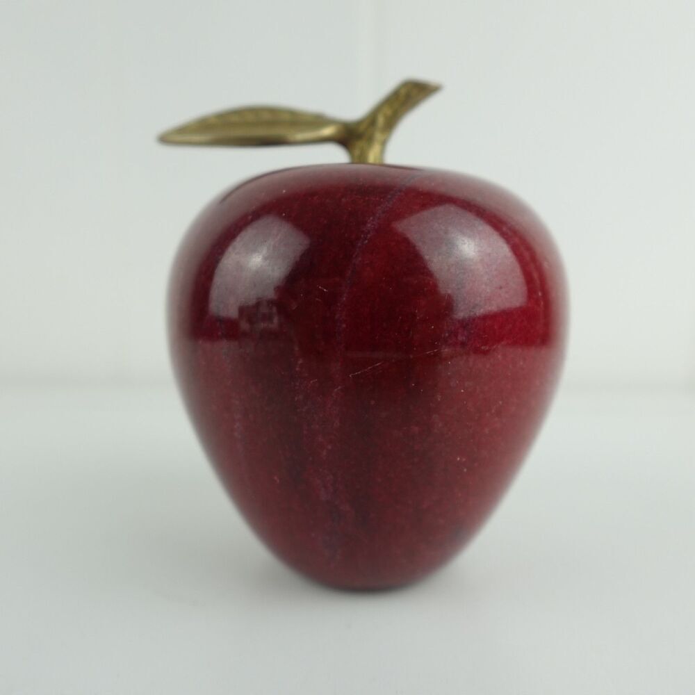 Vintage Red Apple Polished Stone Brass Stem Figurine Paperweight